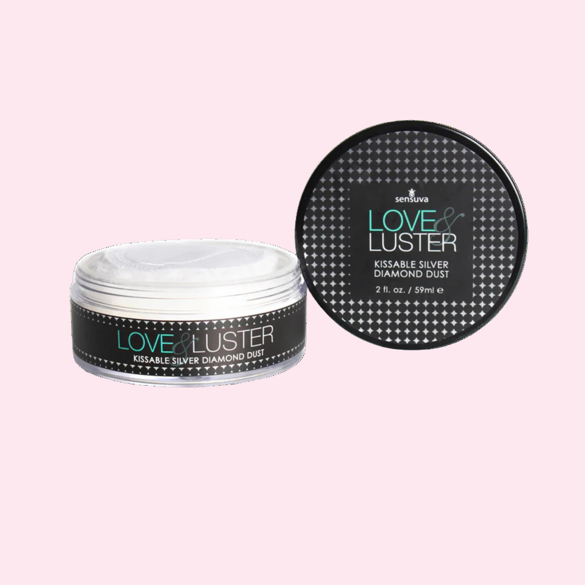 Love & Luster kissable silver diamond dust packaging on a white background